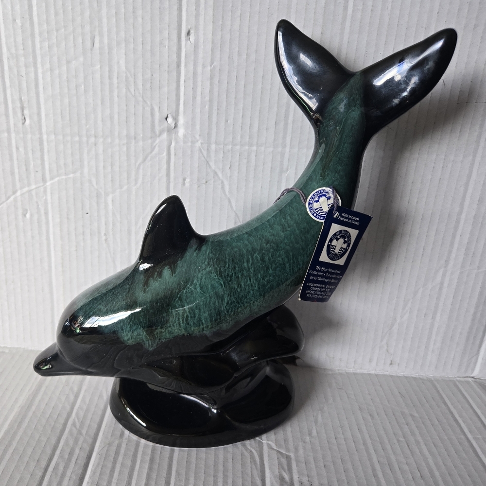 Blue Mountain Pottery Dolphin Figurine Green with Original Sticker & Hang Tag